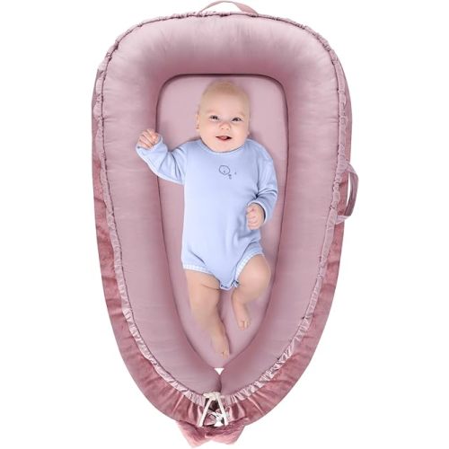 Baby Lounger - Baby Lounger for Newborn 0-24 Months, Breathable & Soft Cotton and Velvet Cover Co Sleeping Baby Nest, Baby Essentials & Shower Gifts, Portable Infant Lounger for Home and Travel