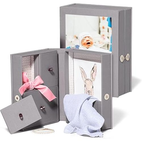 Savor | Small Baby Story Box – Frame and Baby Keepsake Box in One | Fabric Photo Frame with Keepsake Box for Newborn Picture, First Tooth, Hospital Bracelet, Sonogram, New Baby Announcement Gift