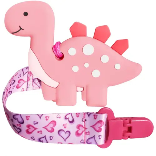 1 Soft Dinosaur Teether for Babies and 1 Baby Pacifier Clip, Valentines Day Gifts for Baby Girl Boy,Silicone Chew Toys(Pink Dinosaur)