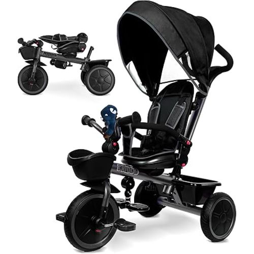 KRIDDO 7-in-1 Tricycle Stroller for Toddlers 18 Months to 5 Years, Adjustable Push Handle, Rotatable Seat, Cup Holder and Retractable Canopy, Folding Baby Trike w/Detachable Guardrail, Footrest, GY