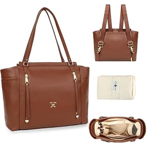miss fong Diaper Bag Tote Leather Diaper Bag Backpack, Large Capacity Mommy Bag Hospital Bag, 12 Pockets Travel Diaper Tote with Changing Pad,Stroller Straps & Insulated Pockets for Mom & Dad-Brown