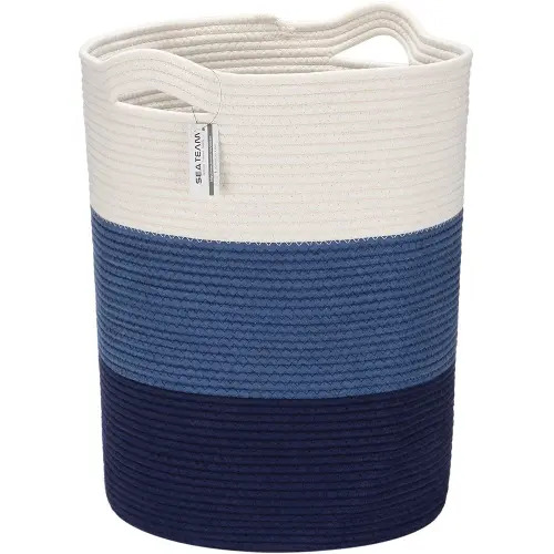 Sea Team Large Size Cotton Rope Woven Storage Basket with Handles, Laundry Hamper, Fabric Bucket, Drum, Clothes Toys Organizer for Kid's Room, 20 x 14 inches, Round Open Design, White & Navy