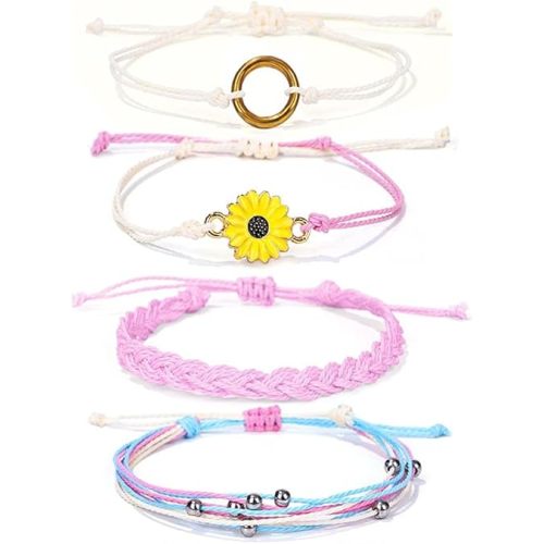 Caiyao 4 Pcs Summer Surfer Wave Anklet Bracelets Adjustable Strand Braided String Rope Bracelets Waterproof Handmade Sunflower Bracelets Anklets Jewelry for Women