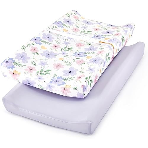 TILLYOU Changing Pad Cover Set in Soft Jersey Material - Fits 32"/34''x16 Contoured Pad for Babies, Brilliant Little Flowers and Purple