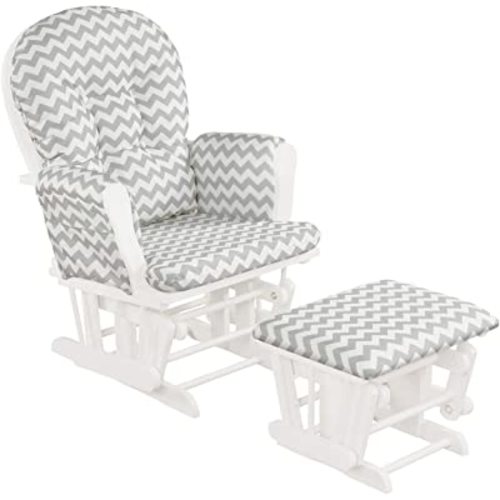 Costzon Nursery Glider with Ottoman, Upholstered Comfort Glider Rocker with Padded Cushion, Storage Pocket, Solid Wood Base, Rocking Chair Nursery for Breastfeeding, Maternity, Napping (Gray & White)