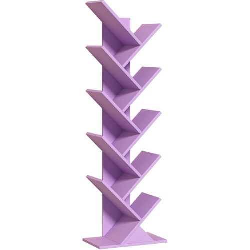 10 Tier Tree Book Shelf, Floor Standing Wood Bookshelf for Narrow Space, Storage Organizer Bookshelves for Books/CDs/Magazine, Bookcase with Shelves for Home Office, Living Room-Dream Purple