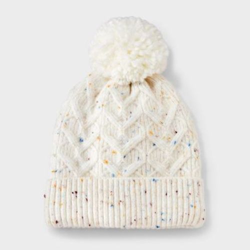 Toddler Girls' Heart Cable Knit Beanie With Pom - Cat & Jack™ Cream