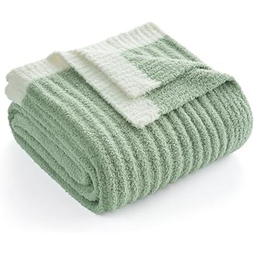 Snuggle Sac Fluffy Ribbed Throw Blanket for Couch, Sage Green, Microfiber Knit Throws for Sofa, Soft Luxurious Fuzzy Warm Blankets for Sofa, Bed, Travel, Sage Green, 50x60 inches