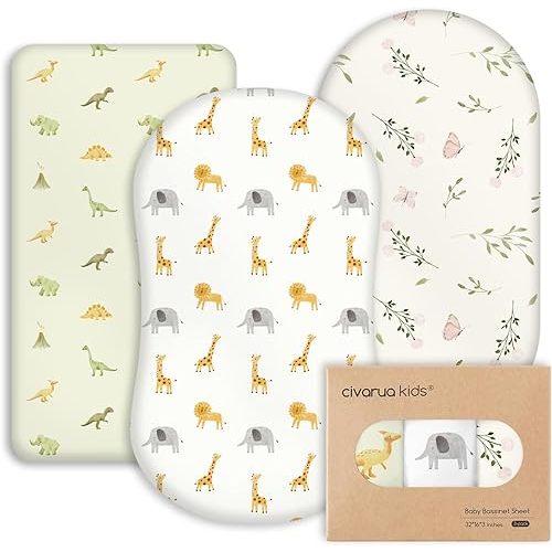 Baby Bassinet Crib Sheets - 3 Pack Bassinet Mattress Sheet for Newborn, Breathable Cradle Sheets Universal for Hourglass Oval and Rectangle Pad/Mattress, 33 x 17 Inch, Dinosaur Elephant