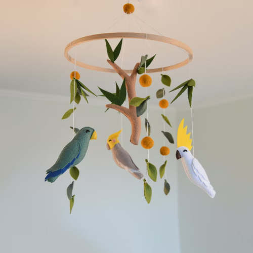 Woodland Bird Crib Mobile | Handmade Eucalyptus & Parrot Nursery Decor — Unique Gift for New Parents