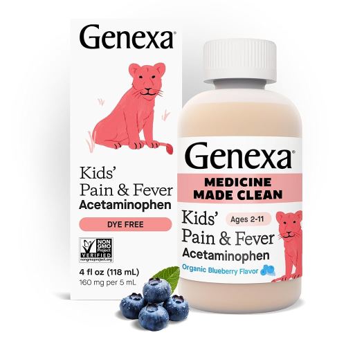 Genexa Kids’ Clean Pain & Fever Acetaminophen, Dye Free, 0% Artificial Additives, Delicious Organic Blueberry Flavor, Liquid Oral Suspension Medicine for Children 2-11, 160 mg per 5mL, 4 fl oz