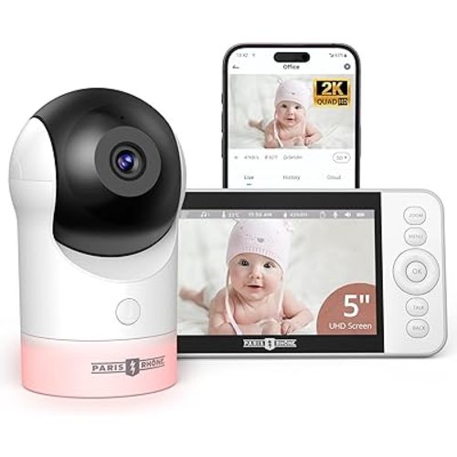 PARIS RHÔNE Video Baby Monitor, 2K UHD WiFi Camera, Night Vision, 5” Smart Baby Monitor with App Control, Motion and Cry Detection, AI Tracking, Three-Way Audio, RGB Night Light, Lullabies