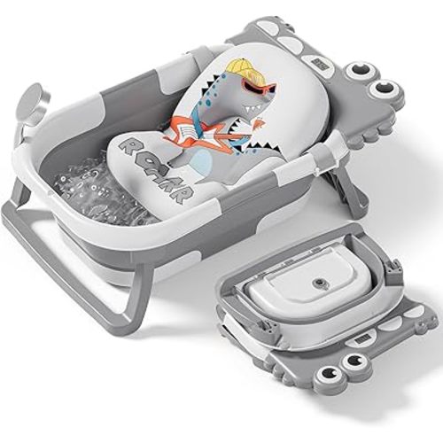 Alligator Collapsible Baby Bathtub for Newborn with Thermometer & 1 Soft Floating Cushion & Drain Hole, Foldable & Portable Travel Baby Bath Tub for Newborns to Toddlers 0-36 Months Boy
