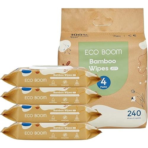 ECO BOOM Bamboo Viscose Wipes | Non-Toxic, Organic & Biodegradable Baby Wipes | Unscented, Hypoallergenic, Vegan for Sensitive Skin, 240 Count