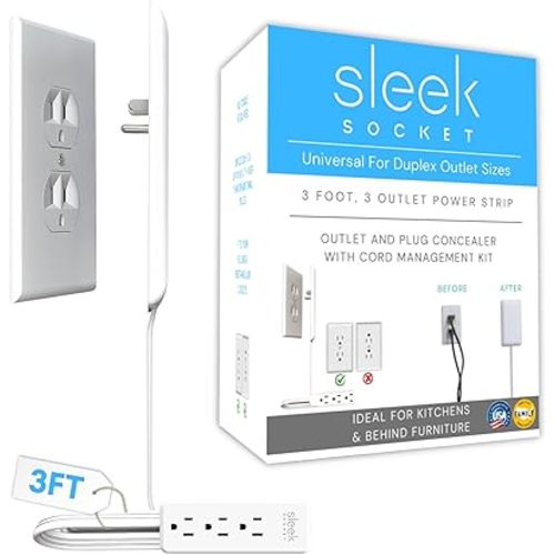 Sleek Socket Original & Patented Ultra-Thin Outlet Concealer with Cord Concealer Kit, Flat Extension Cord, Safety Certified, for Home Improvement, Hide Bulky and Messy Cords