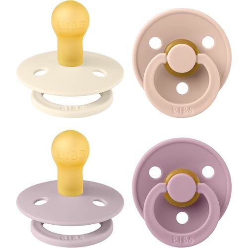 BIBS Pacifiers - Colour 4 Pack | Round Nipple Baby Pacifier | BPA Free Natural Rubber Latex Soother | Made in Denmark | Size 0-6 Months | Girl Colors