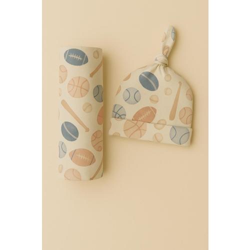 Classic Sports Baby Swaddle & Beanie Set | Soft Newborn Swaddle Blanket and Matching Beanie | Baby Shower Gift | Nursery Essentials