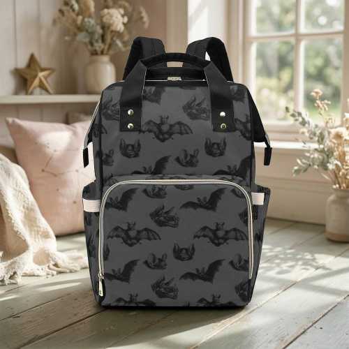 Spooky Bat Print Diaper Bag, Gothic Baby Backpack, Halloween Nappy Tote, Witchy Mom Gift
