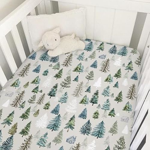 Boho Woodland Trees Baby Crib Sheet 52''x28'' Retro Pine Trees Forest Stretchy Fitted Crib Mattress Cover for Boy Girl Winter Holiday Soft Baby Bed Sheets for Standard Crib and Toddler Mattresses