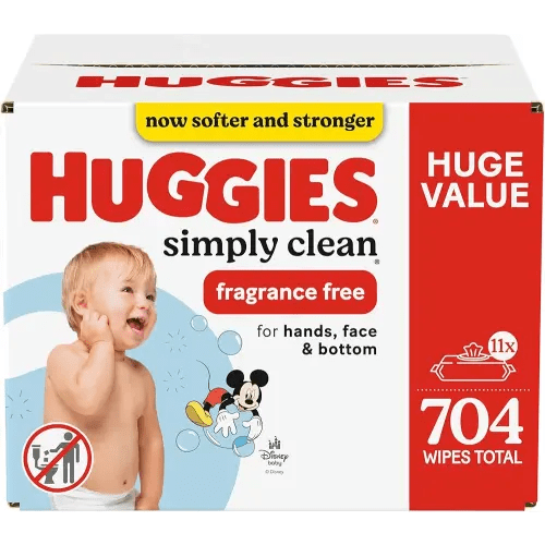 Huggies Simply Clean Fragrance-Free Baby Wipes, Unscented Diaper Wipes, 11 Flip-Top Packs (704 Wipes Total)