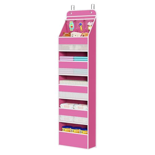 Univivi 6-Shelf Over Door Hanging Organizer Fabric Baby Door Storage with 5 Large Pockets and 3 Small PVC Pockets Wall Mount Hanging Storage Organizers for Baby Essential (Pink)