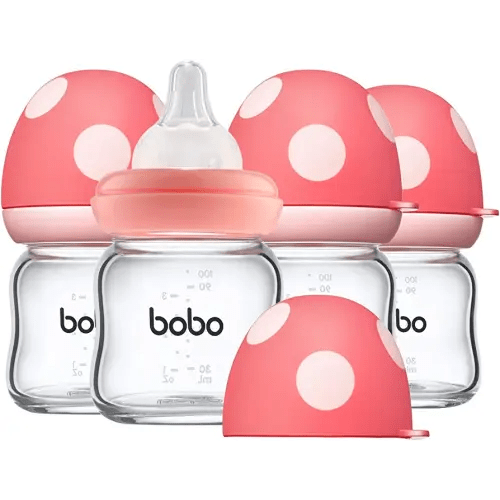 YOHKOH Natural Glass Baby Bottle with Natural Response Nipple, Newborn Anti-Colic Baby Bottles, Wide Neck Mushroom Cap Baby Bottle, Clear (3.4oz (Pack of 4), Red)