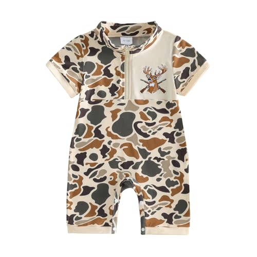 Newborn Baby Boy Hunting Outfit Deer/Duck Romper Camo Onesie Half Zip Short Sleeve Jumpsuit Infant Summer Clothes