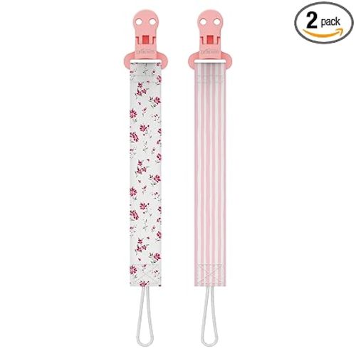 Dr. Brown's Pacifier Clips, Universal Fit Fabric Strap for Pacifiers, Flowers and Stripes, BPA-Free, 0-18 Months, 2-Pack