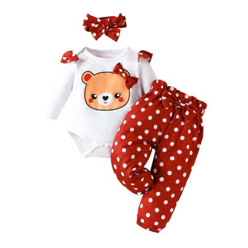 Qtinghua Newborn Infant Baby Girls Fall Winter Clothes Bear Print Long Sleeve Romper and Dot Pants Headband Outfits White 9-12 Months