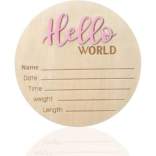 Baby Announcement Sign - 5.9 Inch Wooden Hello World Newborn Sign, Birth Announcement, Baby Shower Hospital Nursery for Newborn Boys and Girls (Pink)