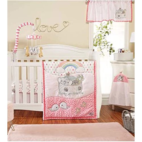 EVERYDAY KIDS Precious Moments Noah’s Ark 4 Pc Crib Bedding for Girls Nursery Set Includes Baby Bed Quilt, Fitted Sheet, Dust Ruffle and Diaper Stacker with Sweet Images of Elephants and Giraffes