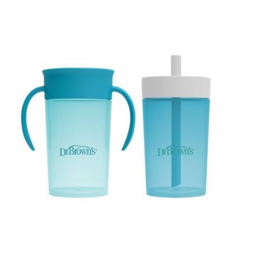 Dr. Brown's 10 Oz Milestones Straw To 360° Cup Set, With Interchangeable Silicone Straw - Aqua Blue - 2pk