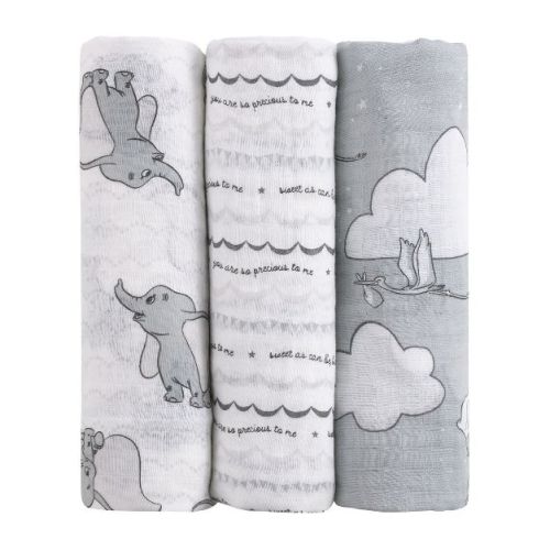 NoJo Disney Dumbo Gray and White 3 Piece Muslin Swaddle Baby Blanket Set