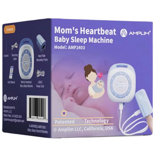 Amplim Record Mom's Heartbeat Newborn Baby Soother. White Noice Sound Machine for Kids, Adults + 19 Soothing Sound. Portable, Rechargeable, USB, Timer. Sleep Therapy for Home, Travel, Registry Gift