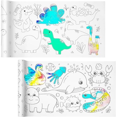 Children’s Drawing Roll Paper, 2 Rolls Coloring Paper Rolls, Sticky Drawing Paper Roll, DIY Painting Drawing Color Painting Paper for Kids Toddler Gifts, 11.8" x 118"(Dinosaur/Animal)