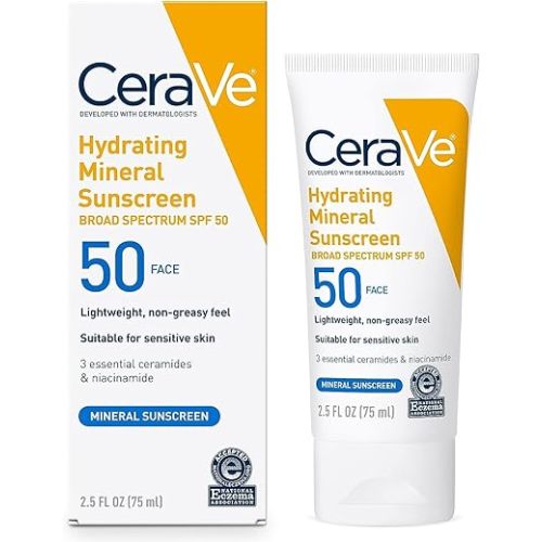 CeraVe 100% Mineral Sunscreen SPF 50, Face sunscreen With Zinc Oxide & Titanium Dioxide, Hyaluronic Acid + Niacinamide + Ceramides, Oil Free, Travel Size 2.5 oz