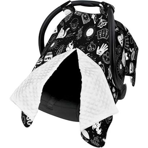Goth Carseat Covers Baby, Gothic Winter Carseat Cover for Baby, Minky Baby Car Seat Cover for Boy & Girl, Peekaboo Opening Car Seat Canopy for Newborn, Multi Use Mom Nursing Cover, Gothic