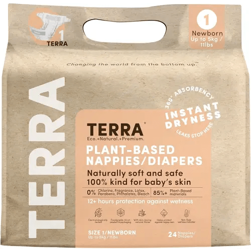 Terra Size 1 Newborn Diapers: 85% Plant-Based Diapers, Ultra-Soft & Chemical-Free for Sensitive Skin, Superior Absorbency for Day or Nighttime Diapers, Designed for Newborns up to 11 Pounds, 24 Count