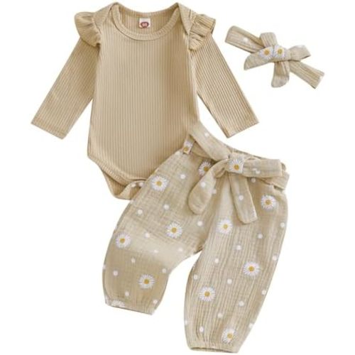Kaipiclos Ropa de bebé recién nacida para niña de 0, 3, 6, 12, 18, 24 meses, mameluco de punto acanalado, pantalones con estampado de margaritas, diademas para bebés, ropa para niñas