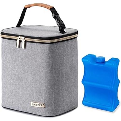 Breast Milk Cooler Bag with Ice Pack Fits 4 Baby Bottles Up to 9 Ounce, Baby Bottle Bag for Nursing Mom Daycare, Grey