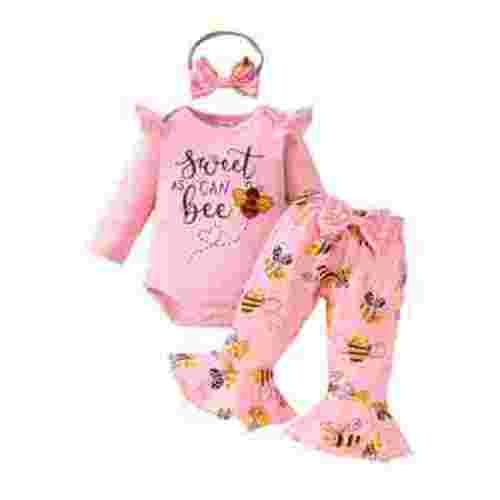 OBEEII Long Sleeve Romper Outfits for Infant Toddle Girls Printed Jumpsuits Bell Bottom Pants with Bow Headband 3PCS 1st Birthday Coming Home Casual Outfits
