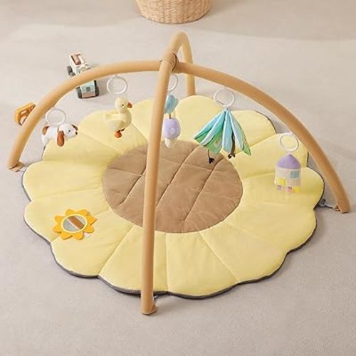 Baby Gym Play Mat, Sunflower Shaped Tummy Time Mat with 6 Detachable Toys, Thick & Plush Play Mat for Babies 0-6 Months, Essential Gift for Newborns and Toddlers
