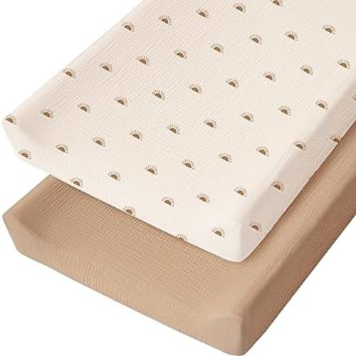 Konssy 2 Pack Muslin Changing Pad Cover for Baby Girls Boys 100% Cotton Fitted Diaper Changing Table Cover Set, Soft Changing Pad Sheets (Camel, Sun)