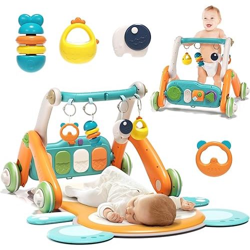 2 in 1 Baby Gym with Walker,Baby Play Mat with 5 Infant Learning Sensory,Double-Sided Multifunctional Removable Play Piano Panel,Sit-to-Stand Learning Walker for 0-24 Months Boy Girl [Orange]