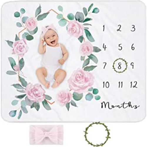 Baby Milestone Blanket for Baby Girl, Baby Monthly Milestone Blanket Girl, Newborn Baby Blankets for Girls Months Photography Background, Baby Growth Chart Blanket, Floral Nursery Blanket