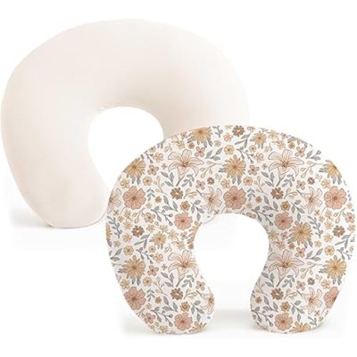 Konssy 2 Pack Nursing Pillow Covers, Stretchy and Soft Nursing Cover for Breastfeeding Pillows, Pillow Slipcover for Baby Girls Boys Newborn (Beige, Bouquet)