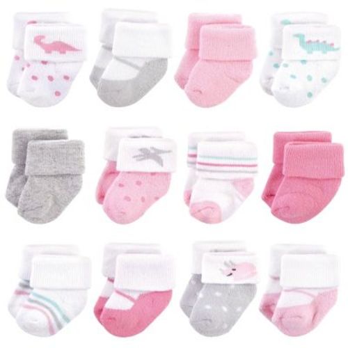 Hudson Baby Infant Girl Cotton Rich Newborn And Terry Socks, Girl Dino, 0-3 Months
