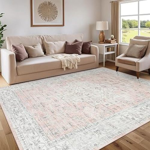 LIVEBOX Pink Rugs for Living Room 6x9, Soft Washable Floral Area Rug for Nursery Room, Low-Pile Non-Shedding Nursery Bed Bedroom Livingroom Rug Non-Slip Vintage Rug for Dining Room