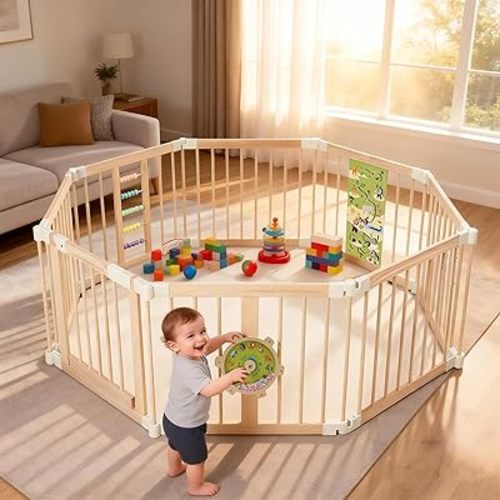 Wooden Baby Playpen, Large Foldable Play Yard for Babies and Toddlers, 60"x60"x24" Montessori Play Fence with Activity Center,Easy Fold & Safety Gate for Indoor Play Area