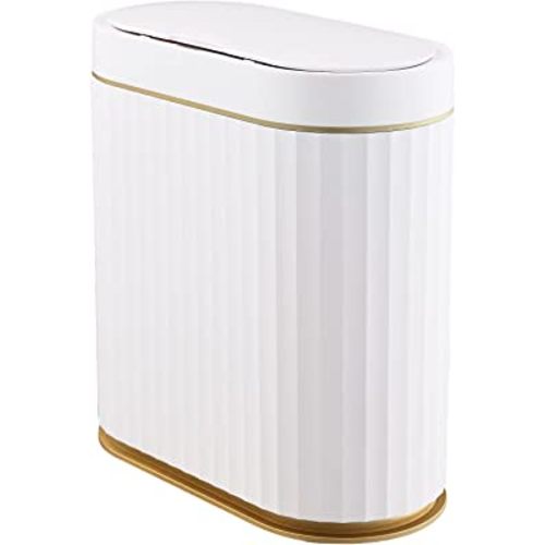 Motion Sensor Trash Can - ELPHECO 9.5 litres Waterproof Motion Sensor Trash Can, 2.5 Gallon Bathroom Trash Can, Garbage Bin for Kitchen and Office Use, White with Golden Trim